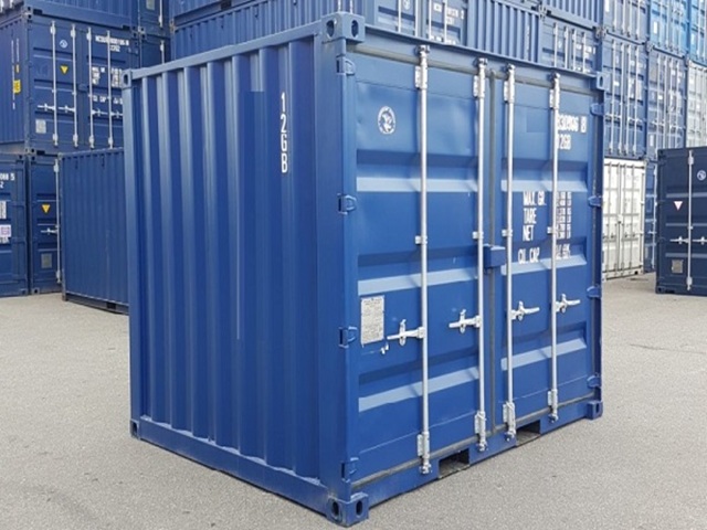 Blauwe 10ft Side Access container met CSC-certificering, geschikt voor zijdelingse belading en internationaal transport.