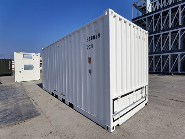 New 20ft bulk container with discharge sleeve in the front wall, for sale at Wilbert Trading BV.